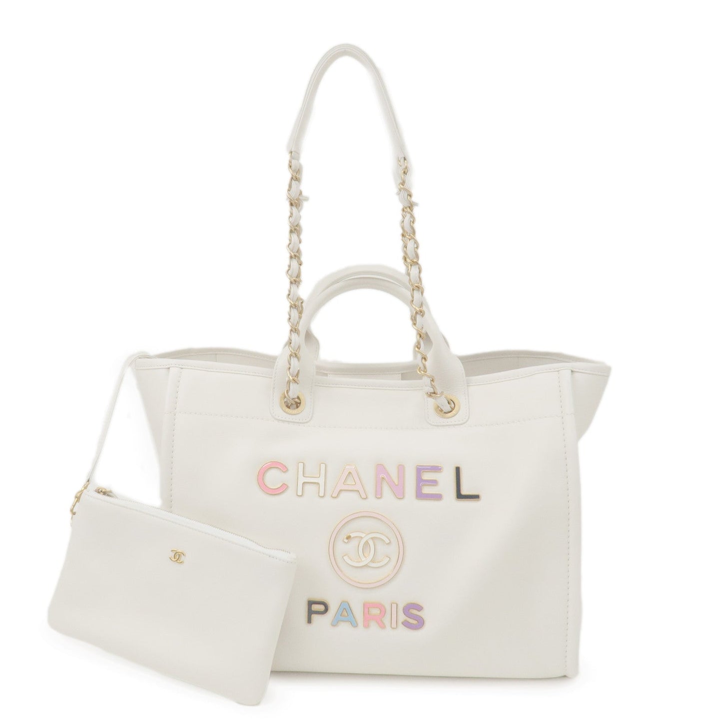 Chanel Deauville Leather WAY Chain Tote Bag GM White A