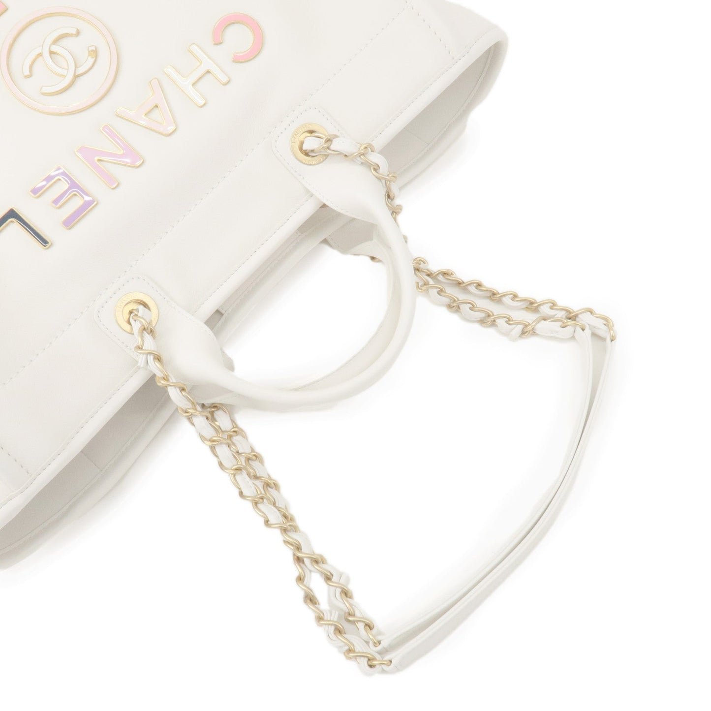 Chanel Deauville Leather WAY Chain Tote Bag GM White A