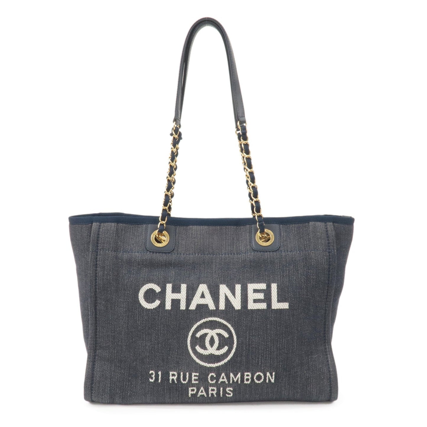 Chanel Deauville MM Denim Leather Chain Tote Bag Navy A