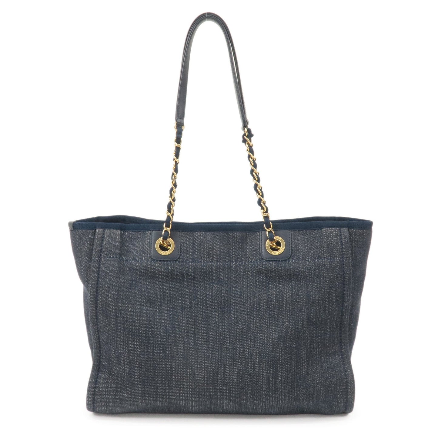 Chanel Deauville MM Denim Leather Chain Tote Bag Navy A