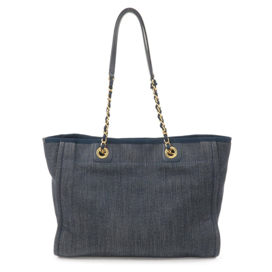Chanel Deauville MM Denim Leather Chain Tote Bag Navy A