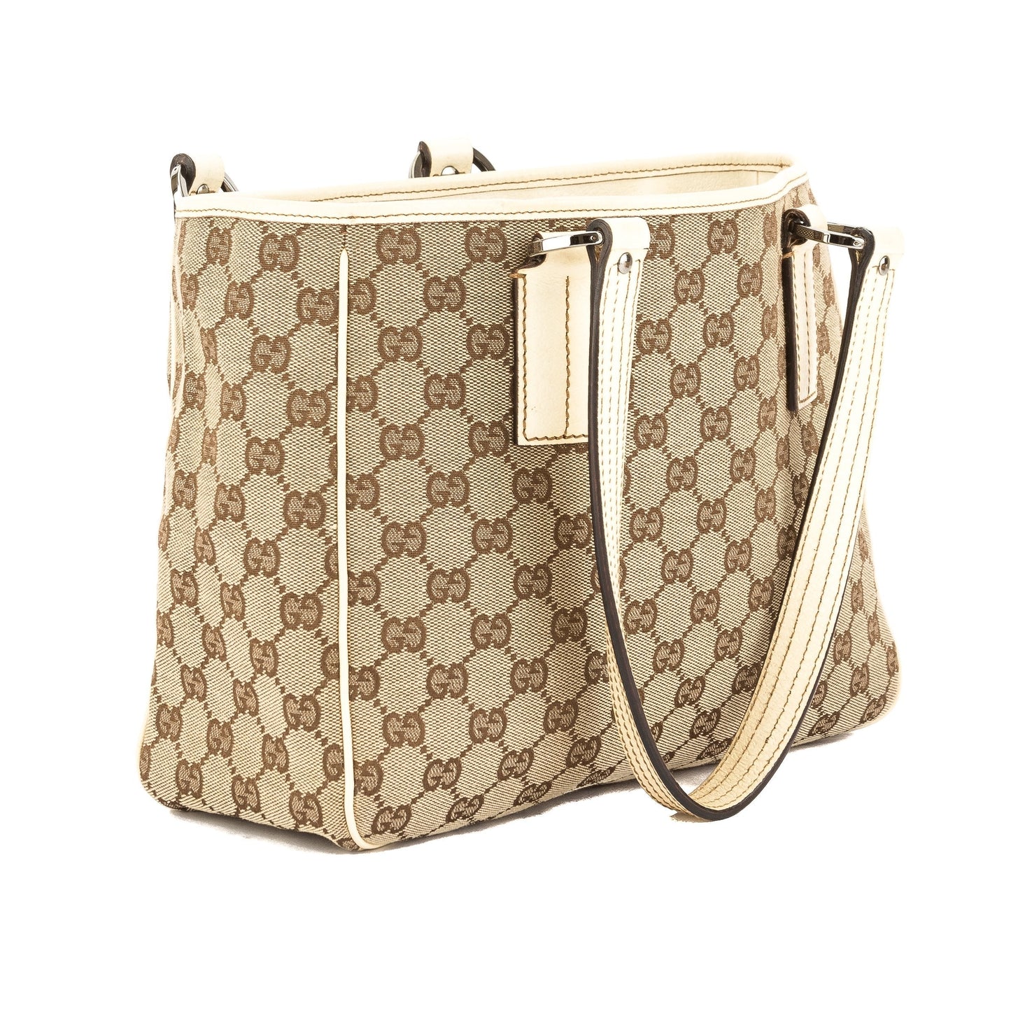G*G Creme Leather GG Monogram Canvas Tote Bag (Pre Owned)
