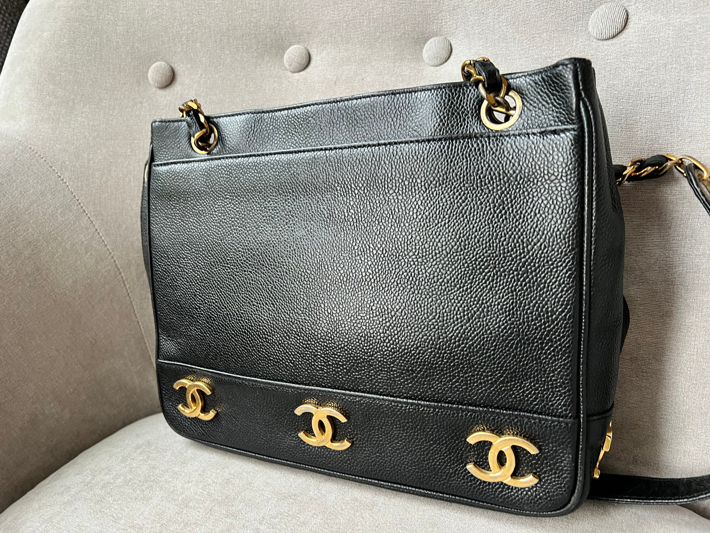 Chanel Vintage Black Caviar Chain Tote with 24k Gold Hardware