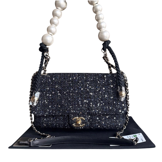 Chanel Classic Seasonal Flap Medium - Tweed Pearl Chain Black Gold Hardware Series 27