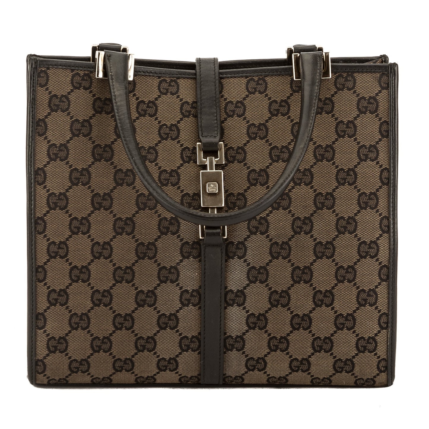 G*G Black Leather GG Monogram Canvas Jackie Tote (Pre Owned)