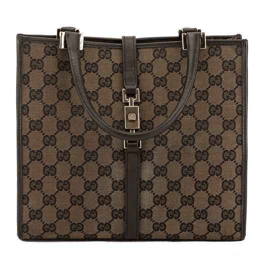 G*G Black Leather GG Monogram Canvas Jackie Tote (Pre Owned)