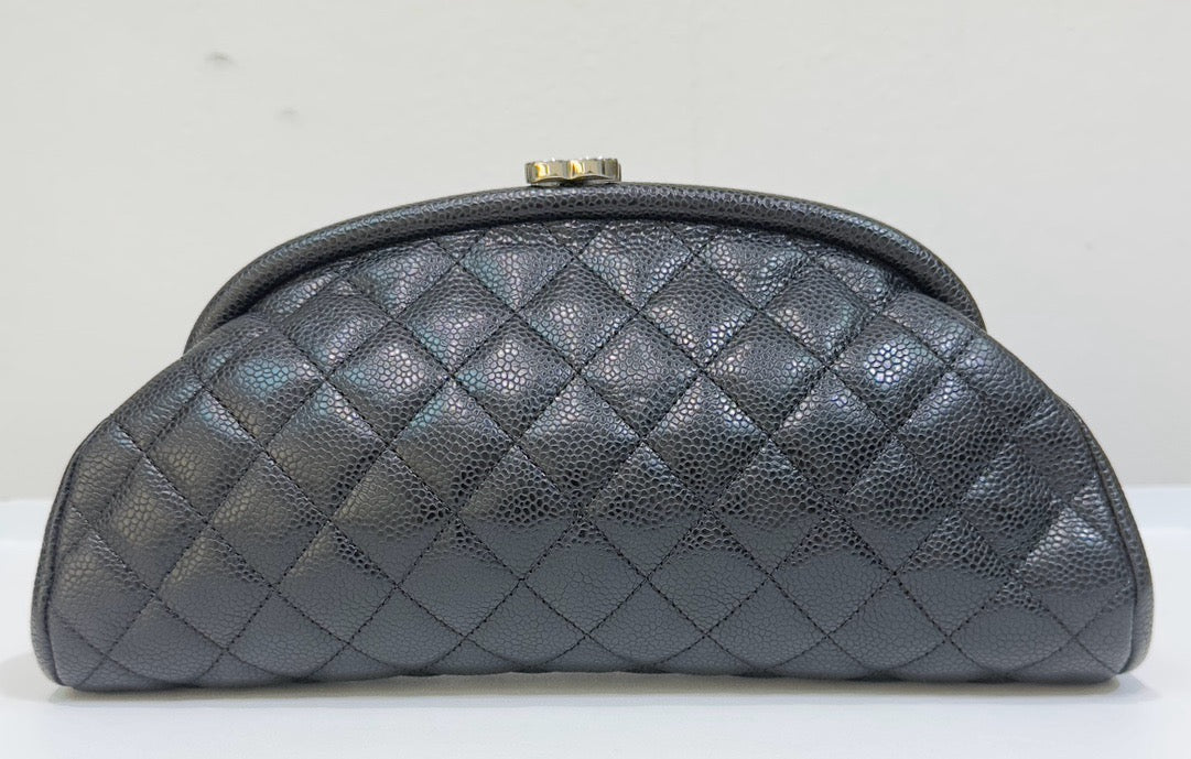 Chanel Quilted Timeless Kisslock Clutch Black Caviar SHW 1634 holo card