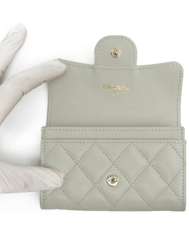 Classic Gold Logo Grained Shiny Calfskin Card Wallet Grey Chanel