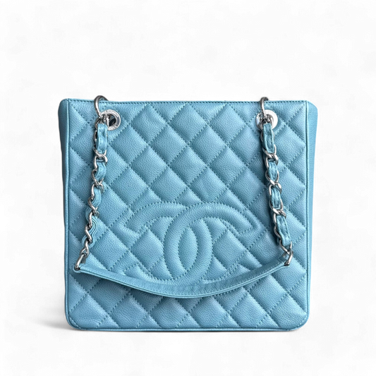 Chanel PST Petite Shopping Tote - Quilted Caviar Light Blue Silver Hardware Series 14