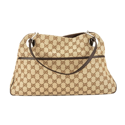 G*G Brown Leather GG Monogram Canvas Medium Eclipse Tote (Pre Owned)