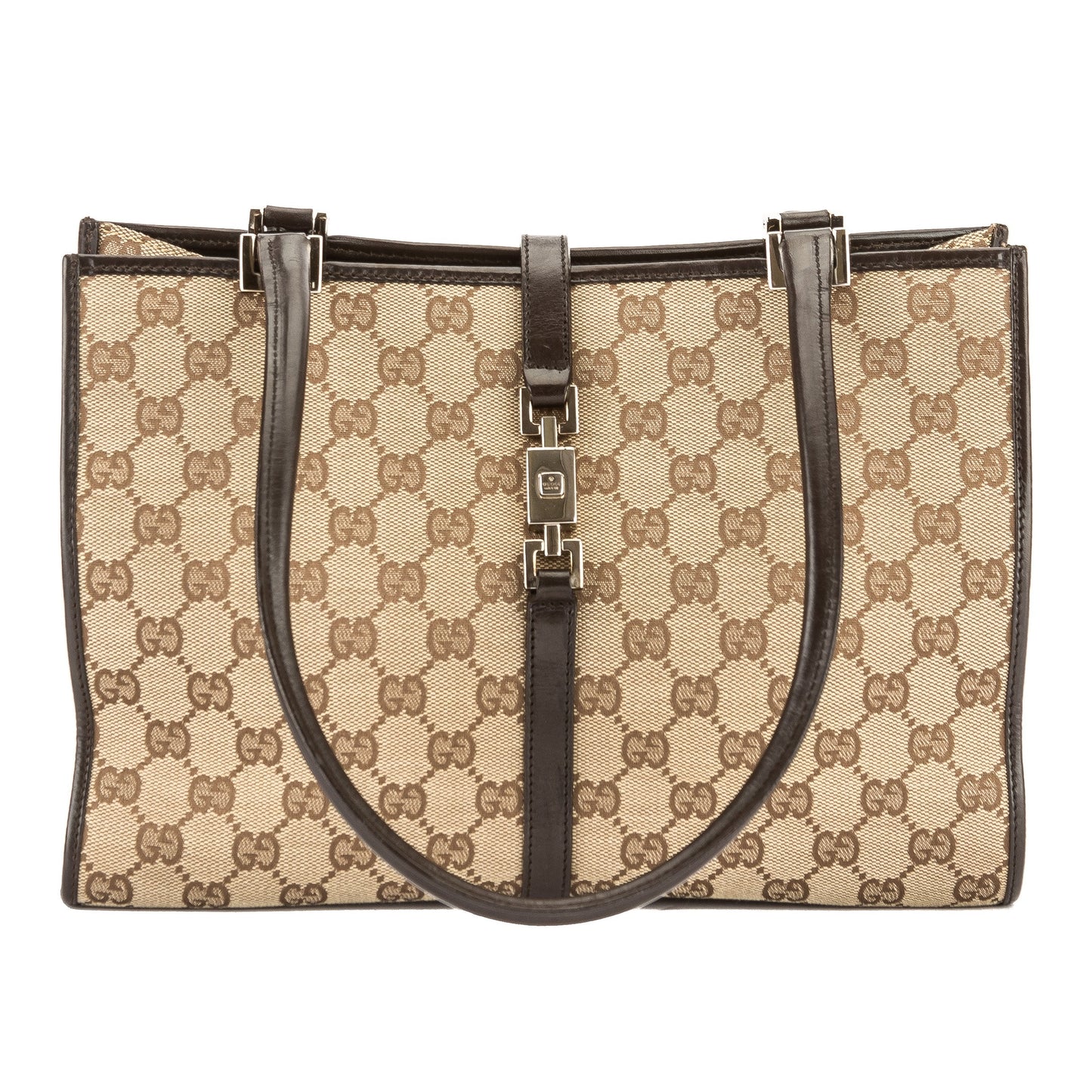 G*G Brown Leather GG Monogram Canvas Jackie Tote (Pre Owned)