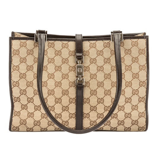 G*G Brown Leather GG Monogram Canvas Jackie Tote (Pre Owned)