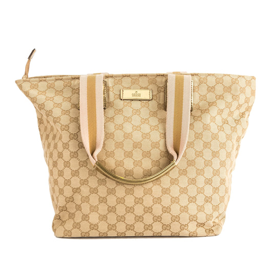 G*G Gold Leather GG Monogram Canvas Web Tote Bag (Pre Owned)