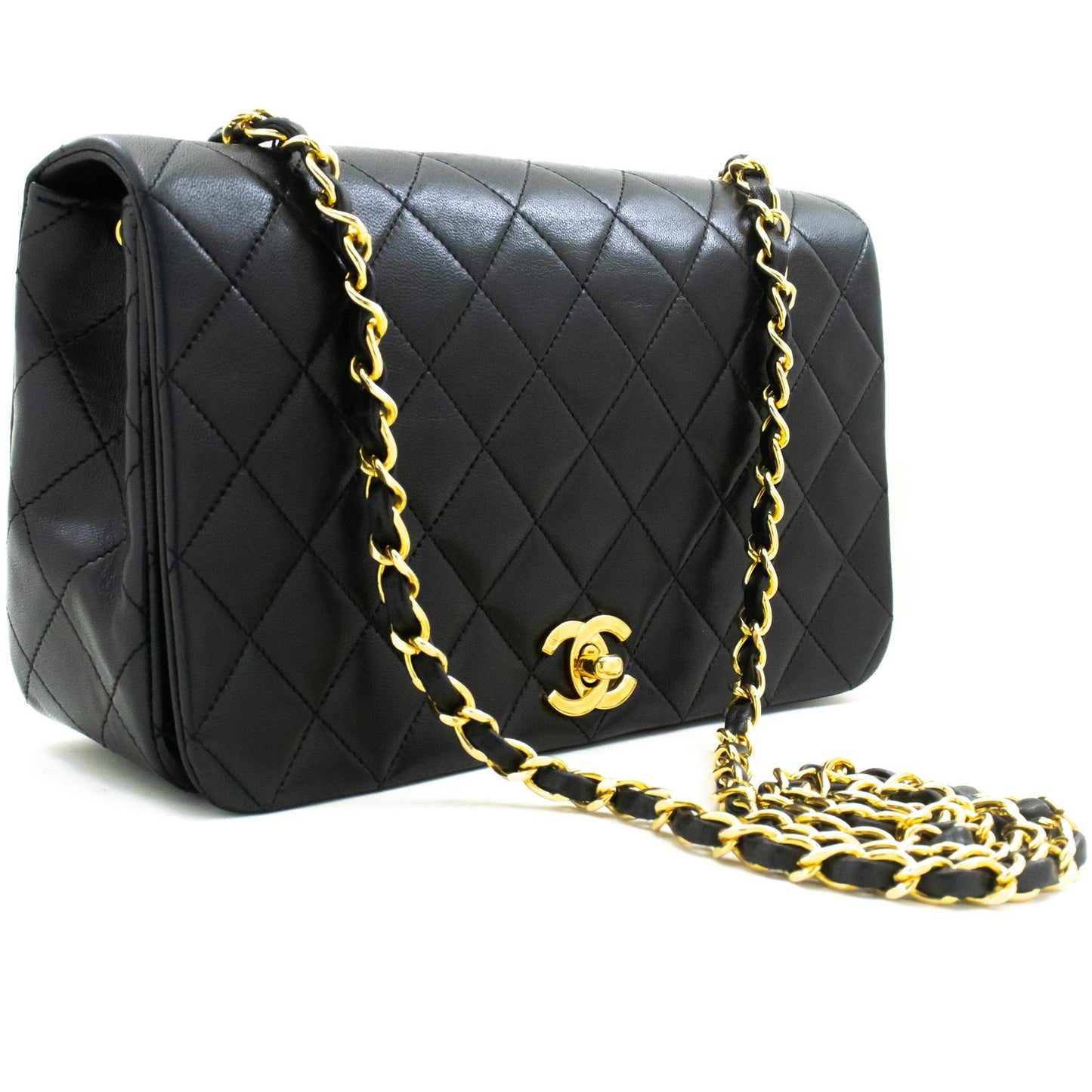 CHANEL Full Flap Chain Shoulder Bag Crossbody Black Quilted Lamb