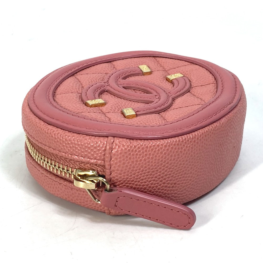 CHANEL Coin case Caviar skin pink Wallet Coin Pocket Round filigree Women Used