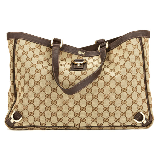 G*G Brown Leather GG Canvas Large Abbey D-Ring Tote (Pre Owned)