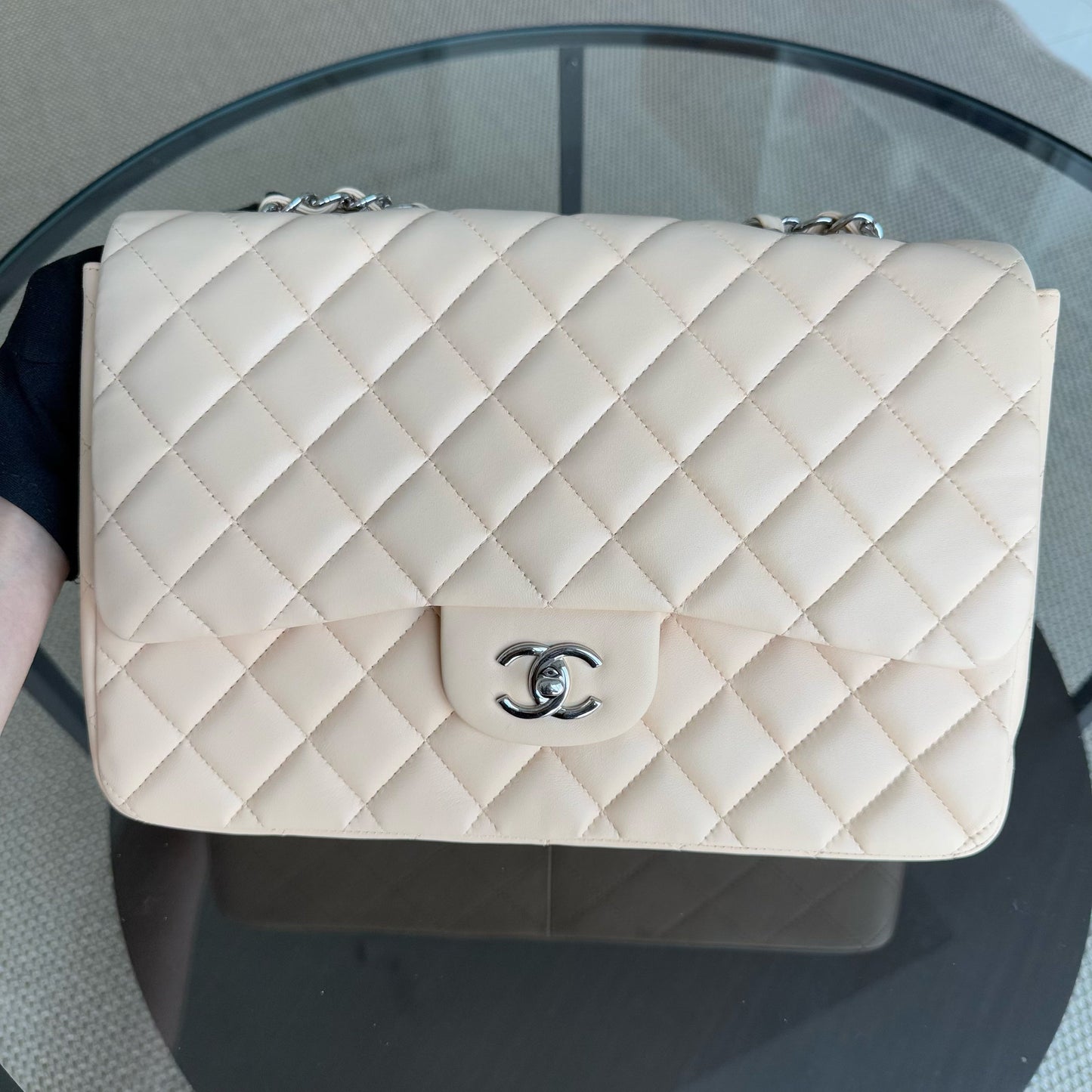 Chanel Classic Flap Jumbo - 30CM Quilted Single Flap Lambskin Beige Silver Hardware Series 13