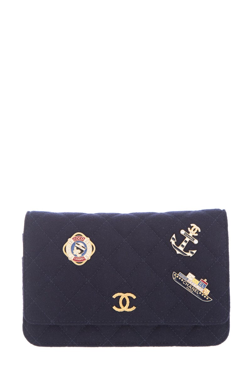 Chanel Navy Felt Quilted Paris-Hamburg Charms Wallet On Chain