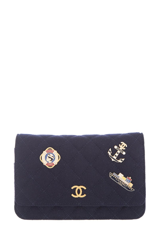 Chanel Navy Felt Quilted Paris-Hamburg Charms Wallet On Chain