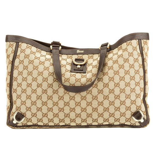 G*G Brown Leather GG Canvas Large Abbey D-Ring Tote (Pre Owned)