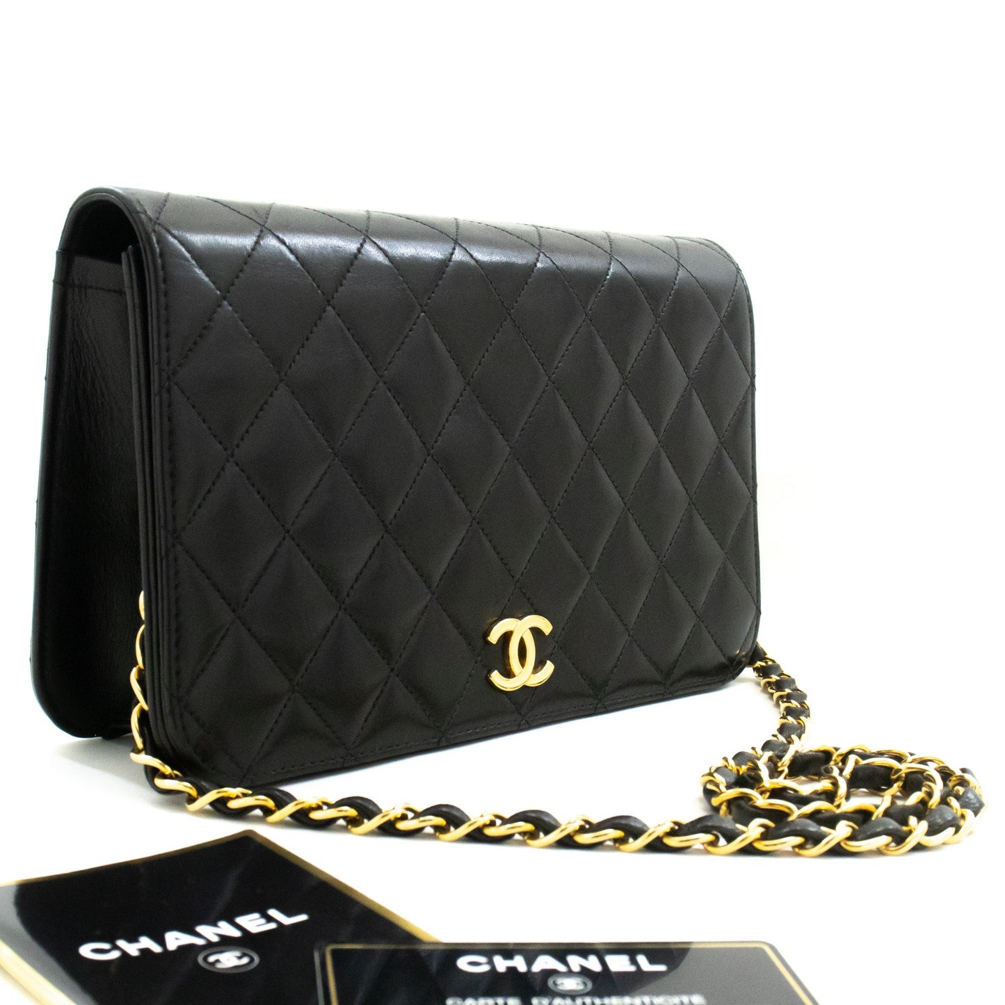 CHANEL Full Flap Chain Shoulder Bag Clutch Black Quilted Lambskin