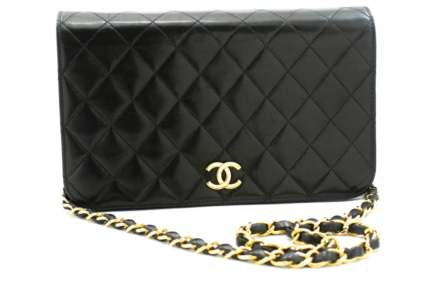 CHANEL Full Flap Chain Shoulder Bag Clutch Black Quilted Lambskin