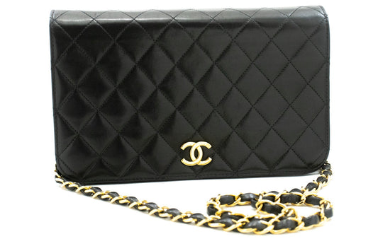 CHANEL Full Flap Chain Shoulder Bag Clutch Black Quilted Lambskin