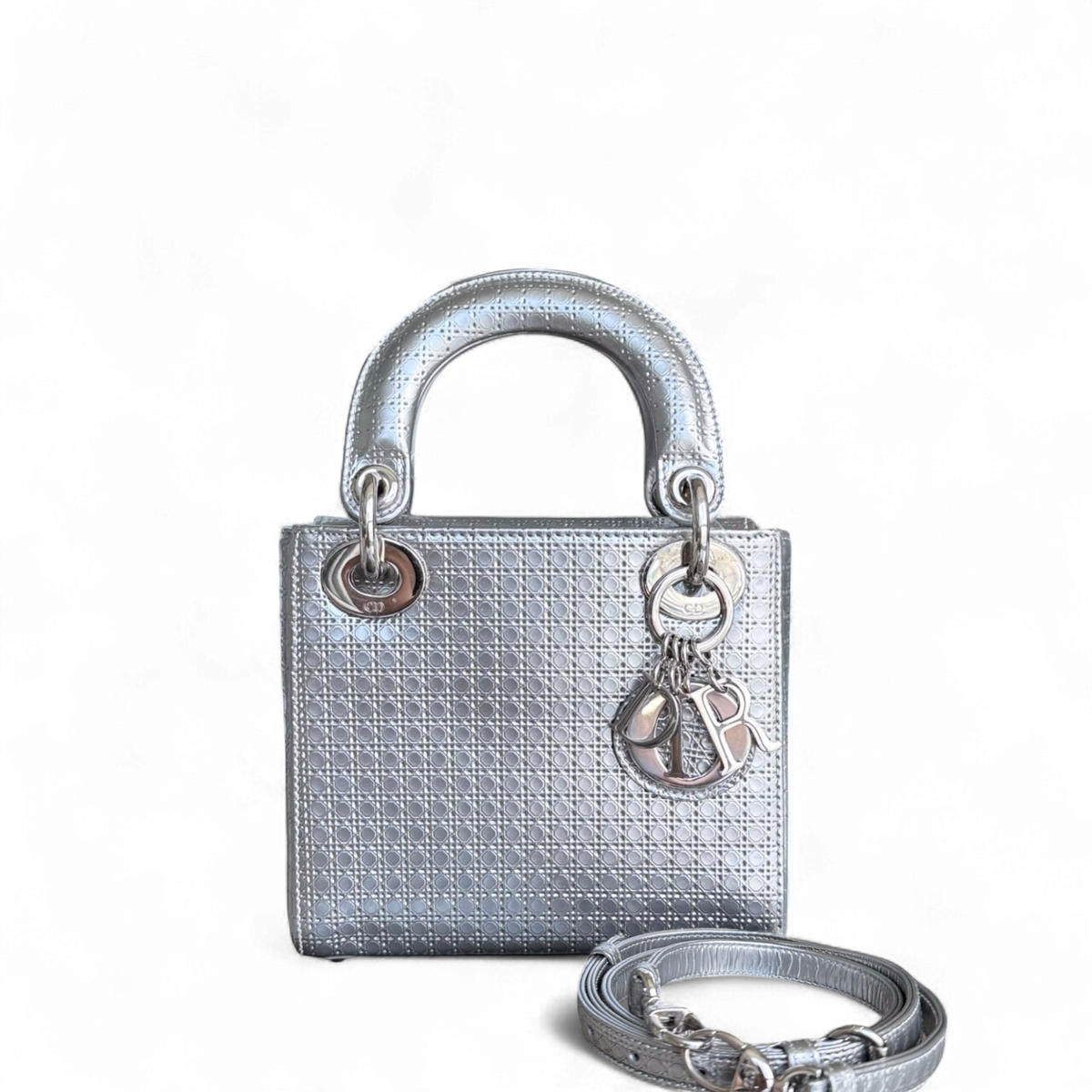 Dior Lady Mini - Micro Cannage Metallic Silver Hardware Adjustable Strap