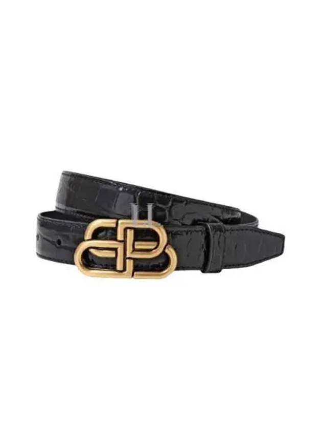 Luxury Balenciaga  WoMen's Crocodile Embossed BB Buckle Thin Belt Black