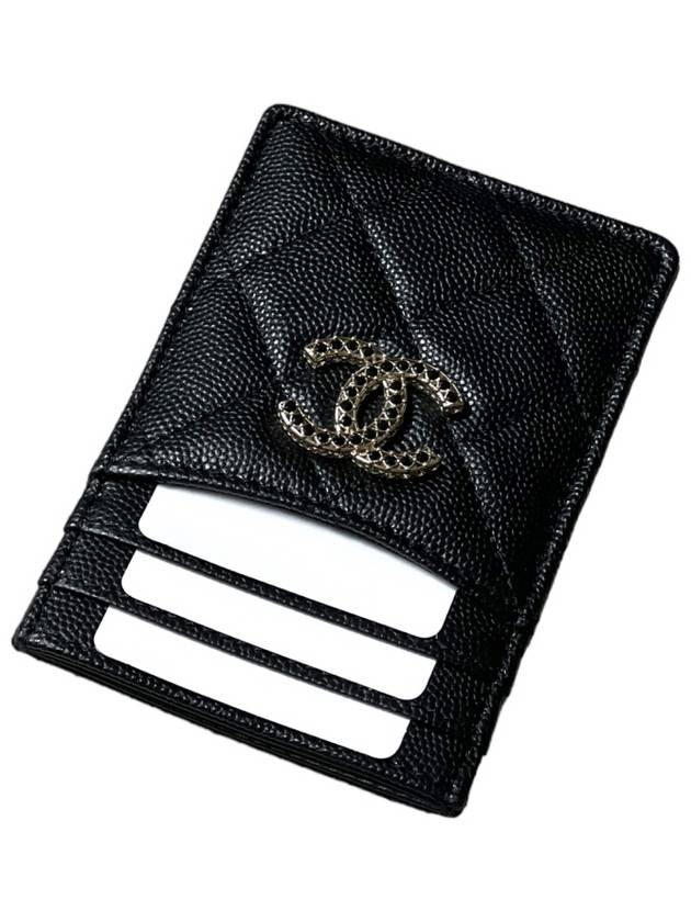 Strass CC Logo Caviar Leather Card Wallet Black Chanel