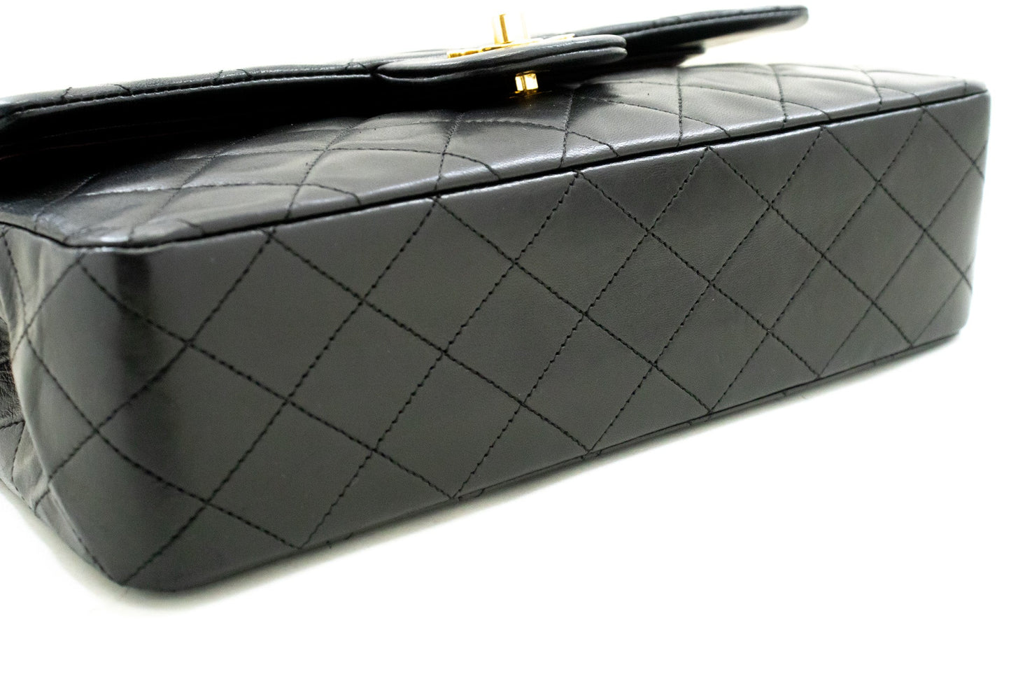 CHANEL Classic Double Flap 10" Chain Shoulder Bag Black Lambskin