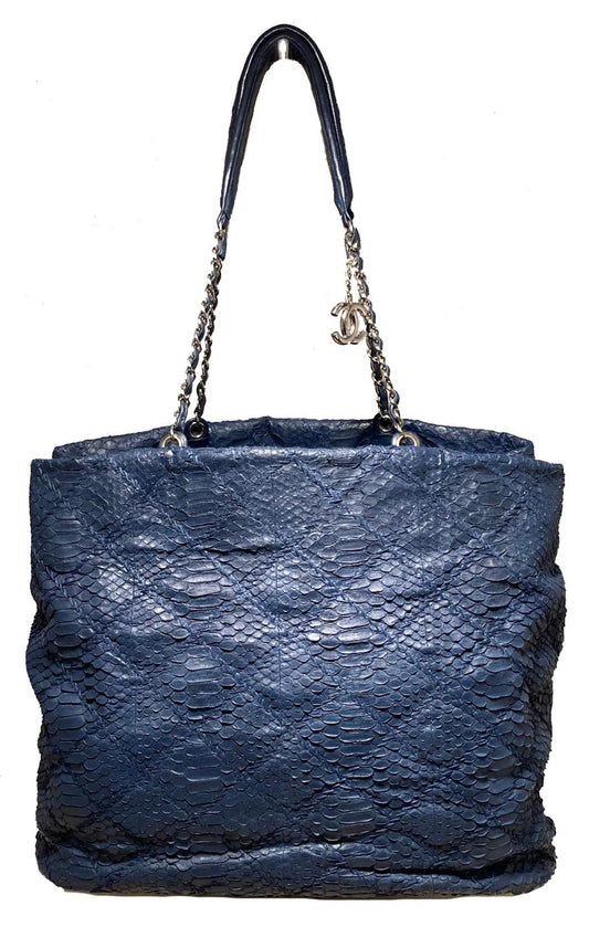 CHANEL Navy Blue Quilted Matte Snakeskin Tote