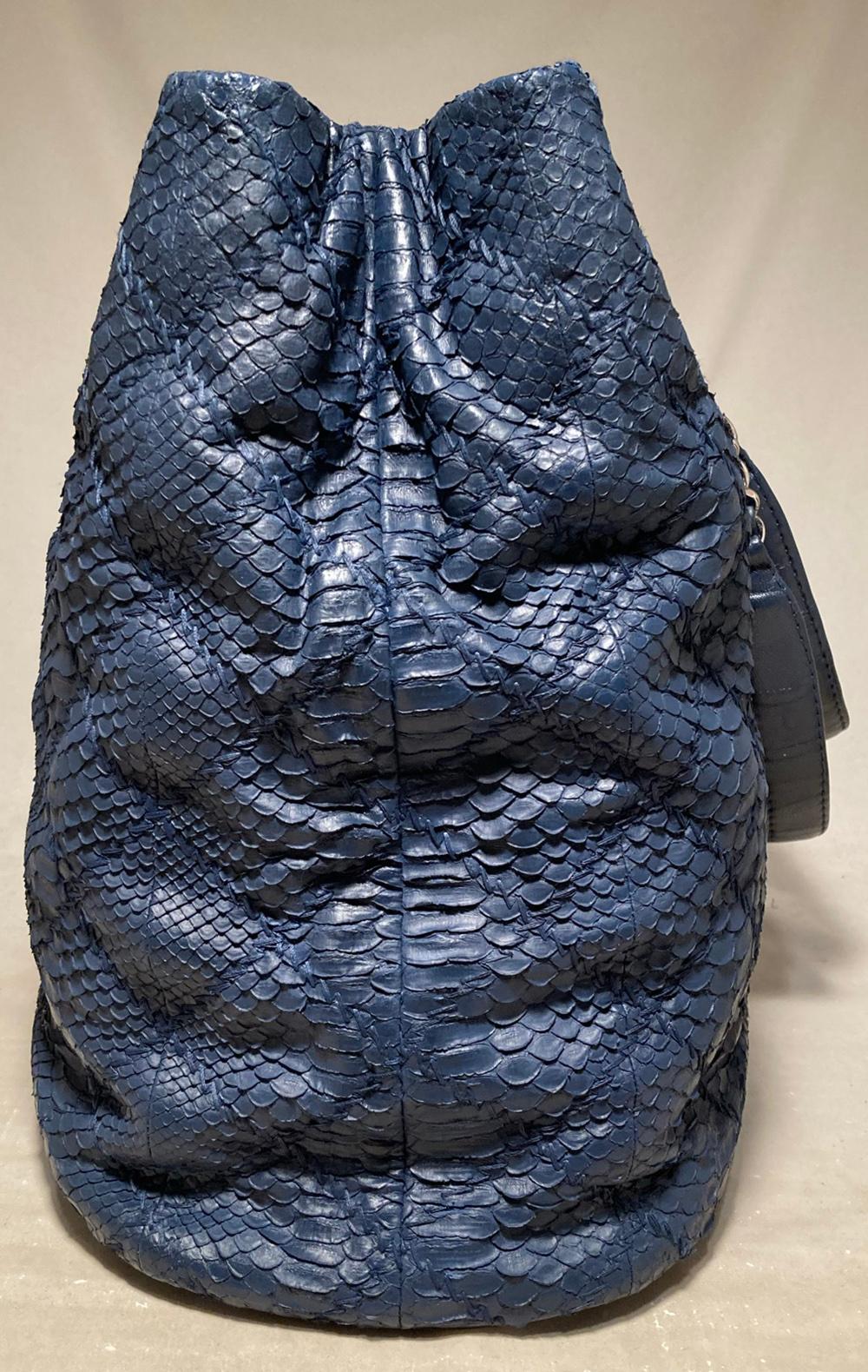 CHANEL Navy Blue Quilted Matte Snakeskin Tote