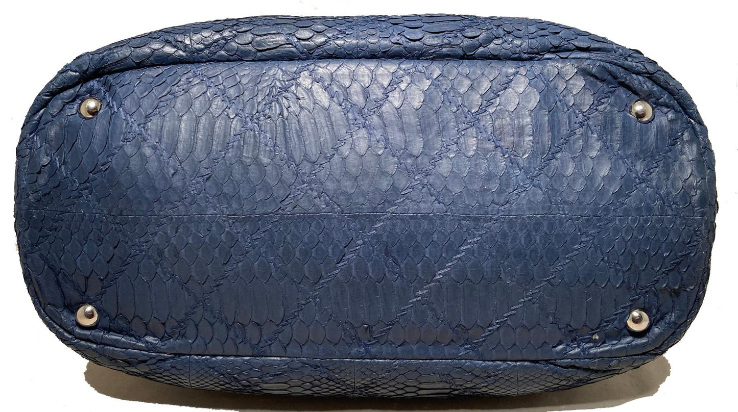 CHANEL Navy Blue Quilted Matte Snakeskin Tote