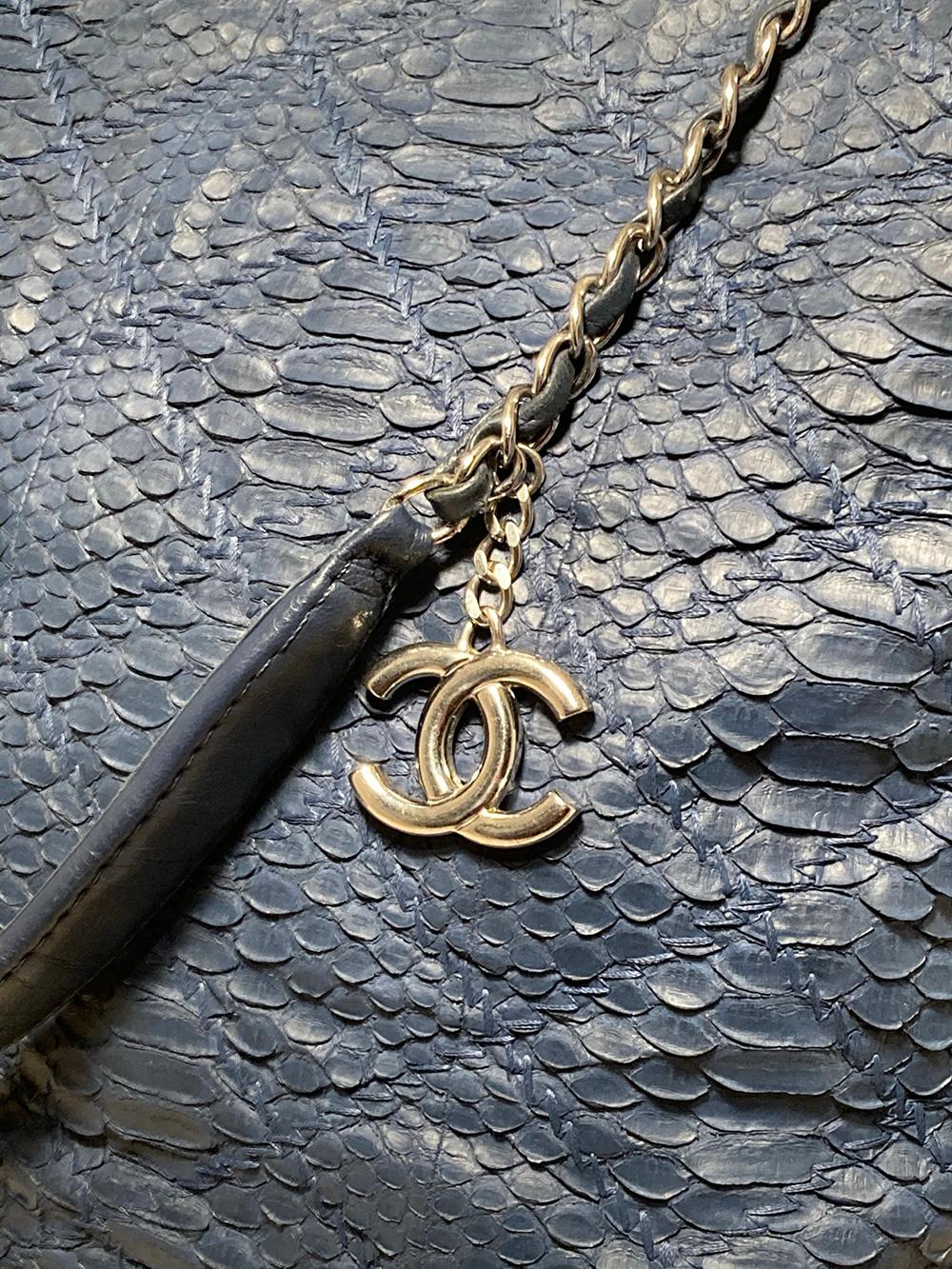CHANEL Navy Blue Quilted Matte Snakeskin Tote