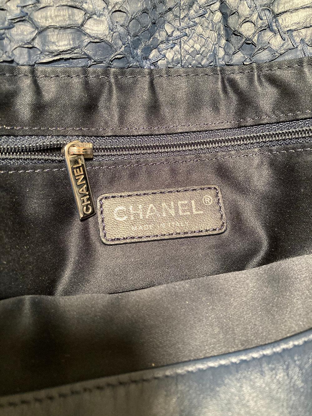 CHANEL Navy Blue Quilted Matte Snakeskin Tote