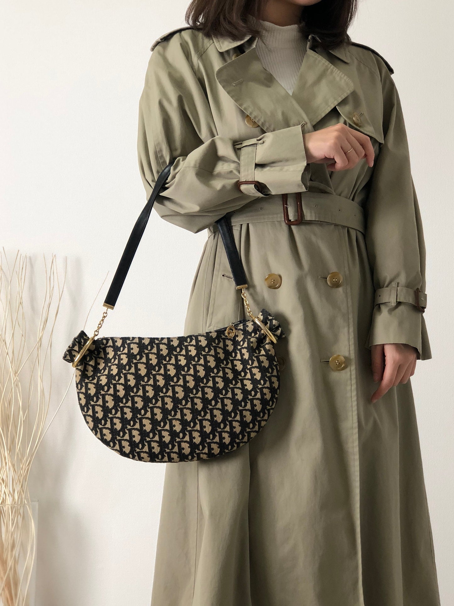 Christian Dior Trotter Jacquard Leather Shoulder bag Hobobag Navy Vintage 45xua4