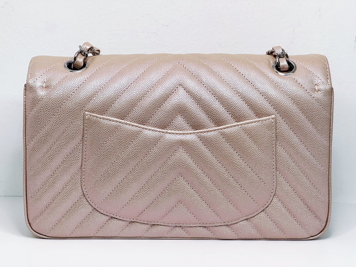 Chanel Medium Classic Chevron Caviar Double Flap Rose Gold SHW 24769 holo card