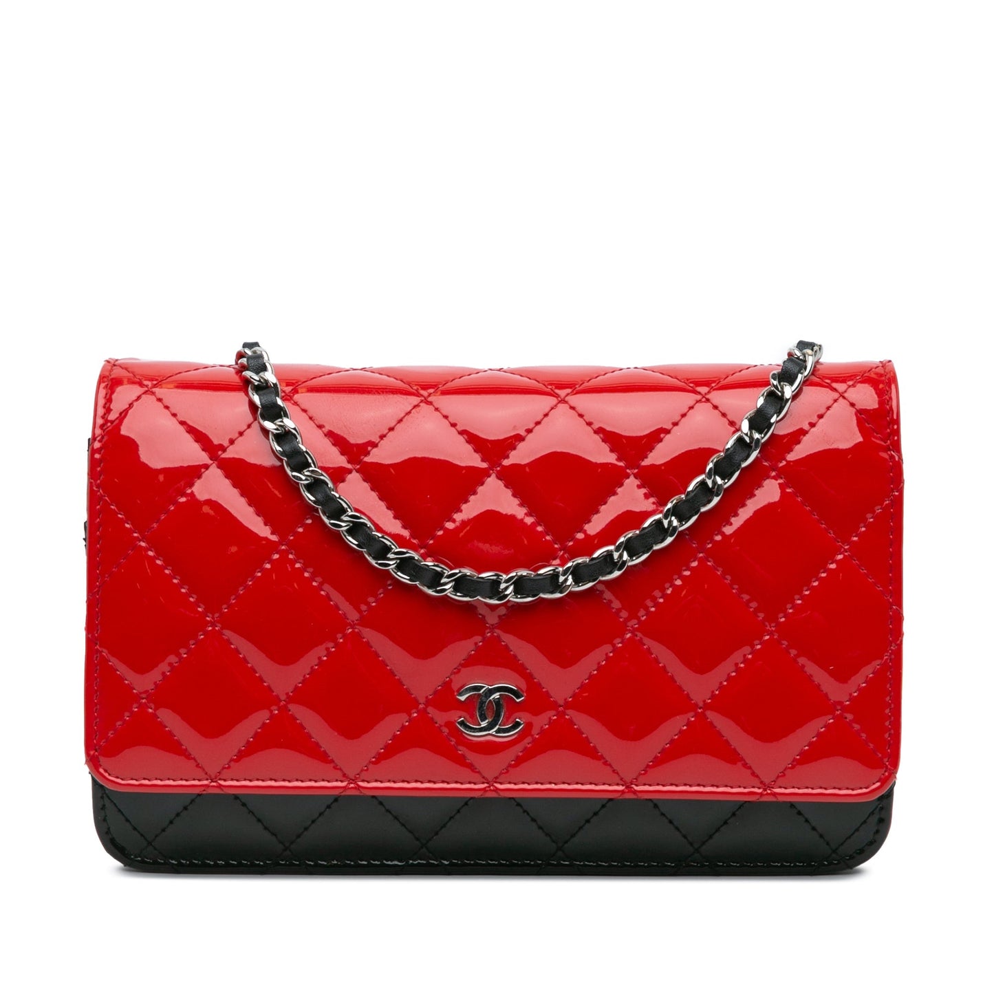 Red Chanel CC Bicolor Quilted Patent Wallet on Chain Crossbody Bag