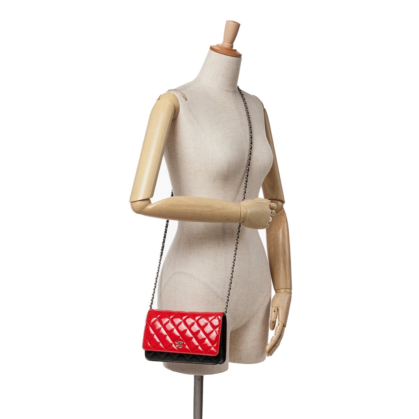 Red Chanel CC Bicolor Quilted Patent Wallet on Chain Crossbody Bag