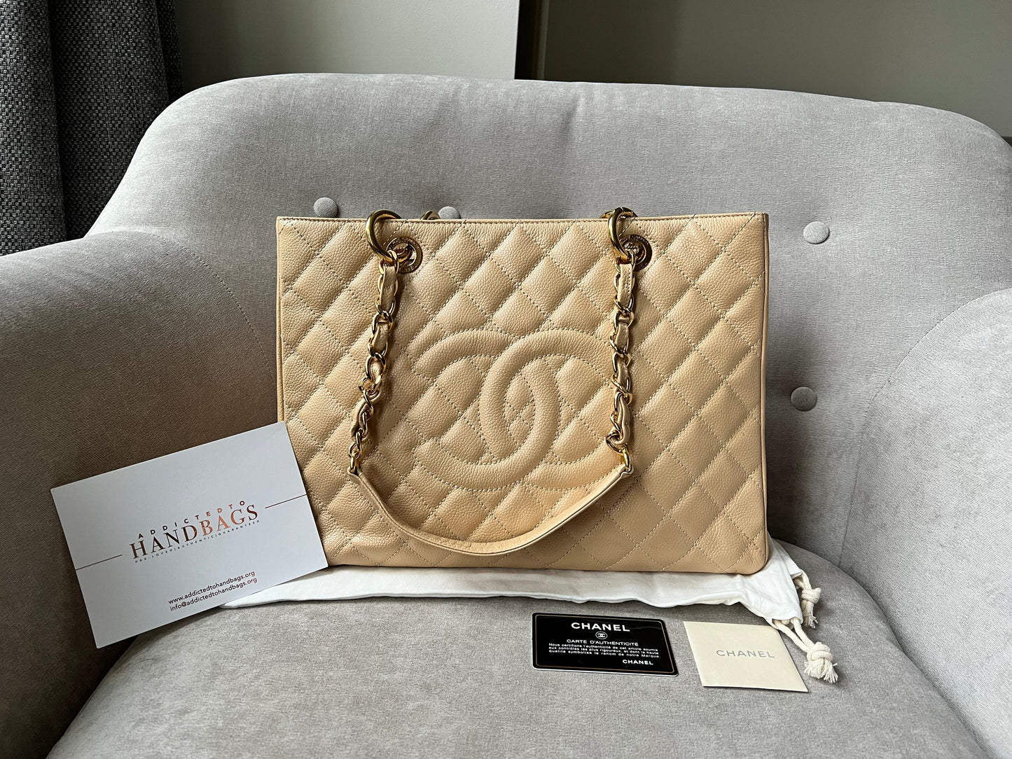 Chanel Beige Caviar Grand Shopper Tote with gold hardware