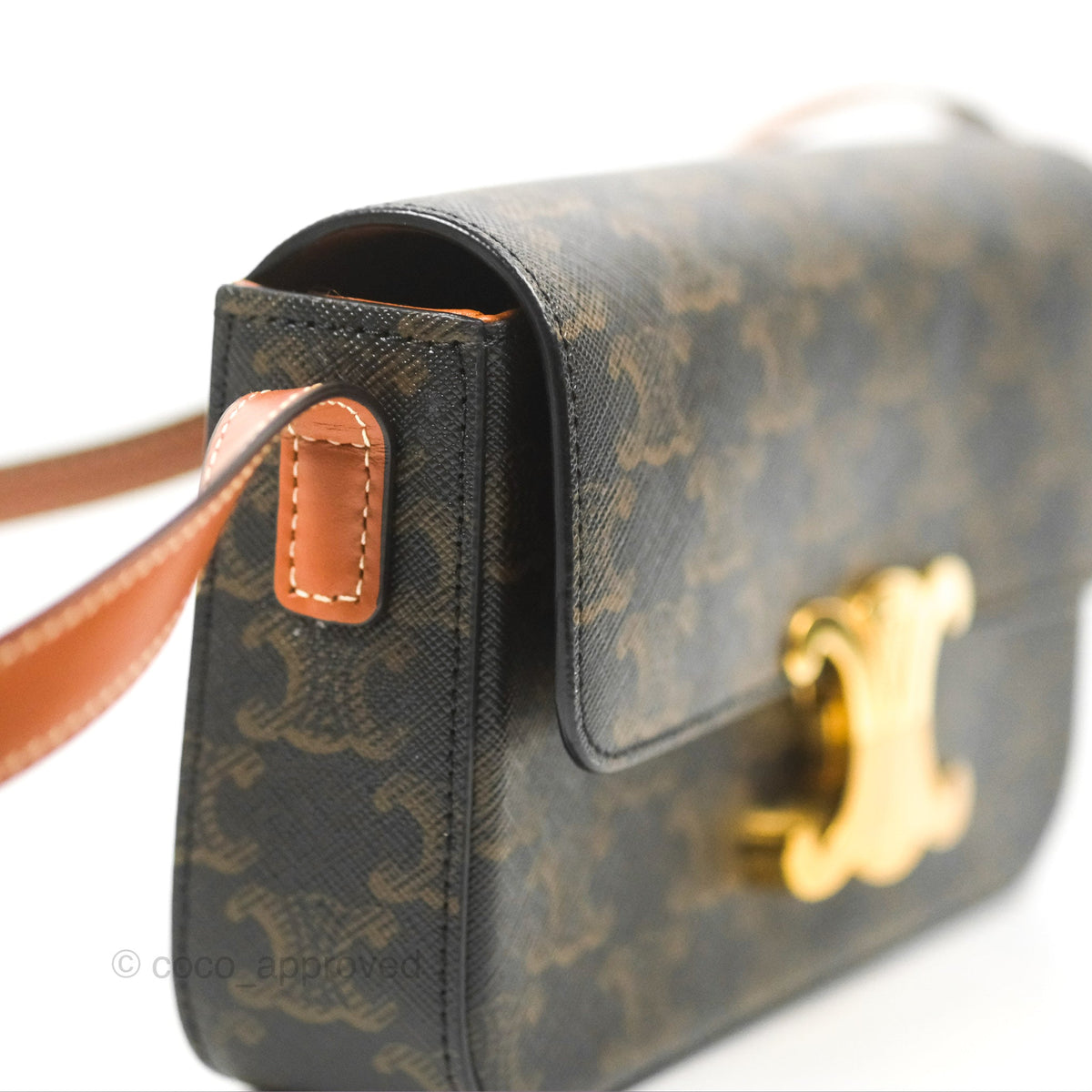 Celine Triomphe Shoulder Bag Tan Calfskin Triomphe Canvas