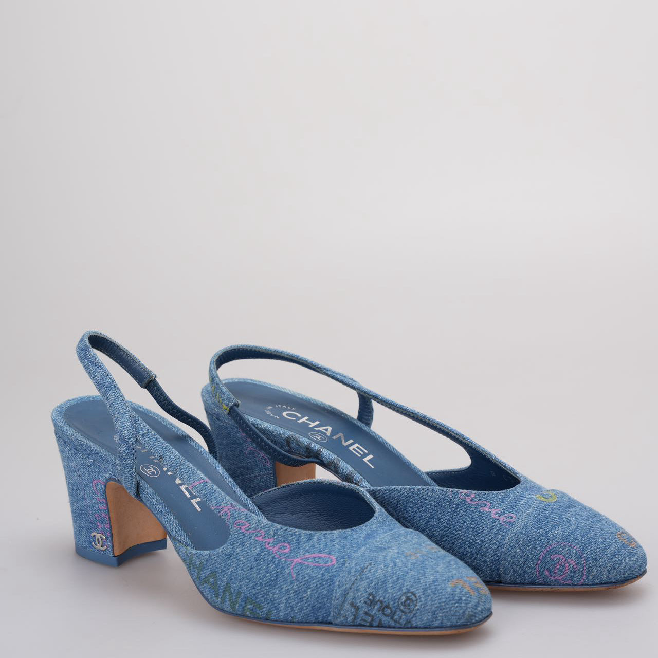 Chanel Denim Cap Toe CC Slingback Pumps  Light Blue & Multicolor 36.5