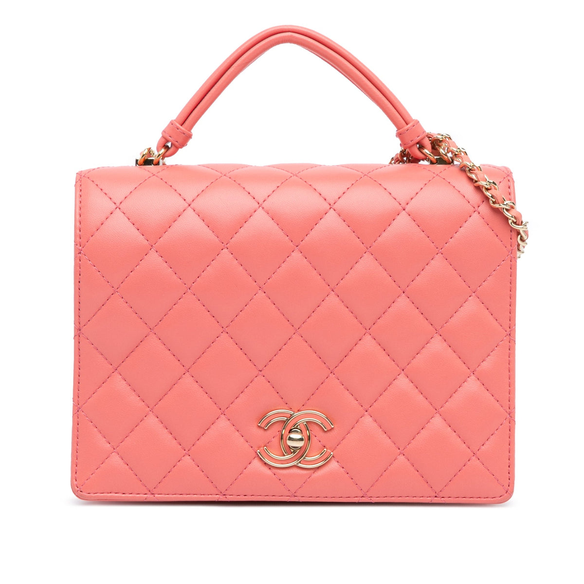 Pink Chanel CC Quilted Lambskin Handle Tied Flap Satchel