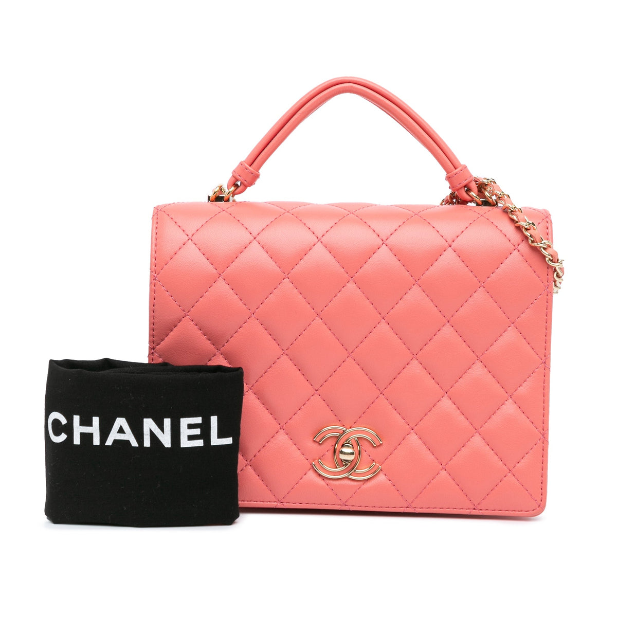 Pink Chanel CC Quilted Lambskin Handle Tied Flap Satchel