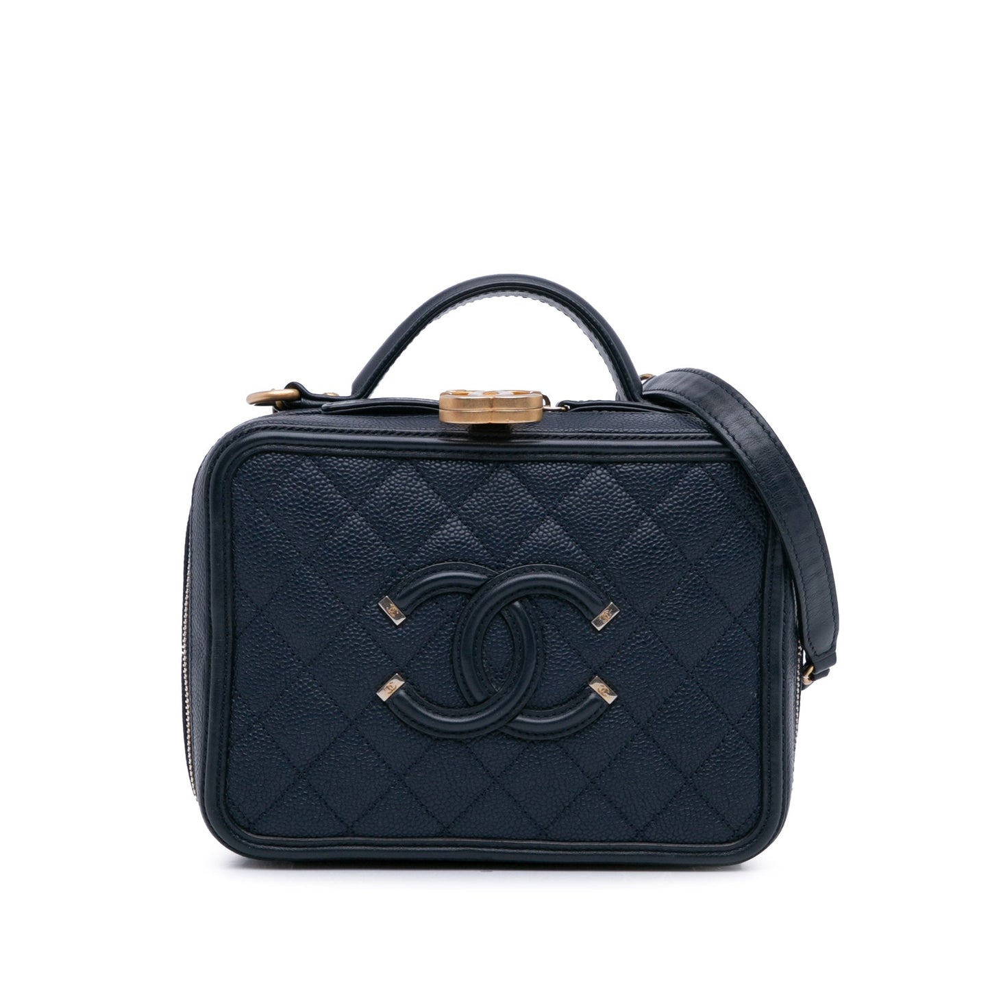 Blue Chanel Small Caviar Filigree Vanity Case Satchel