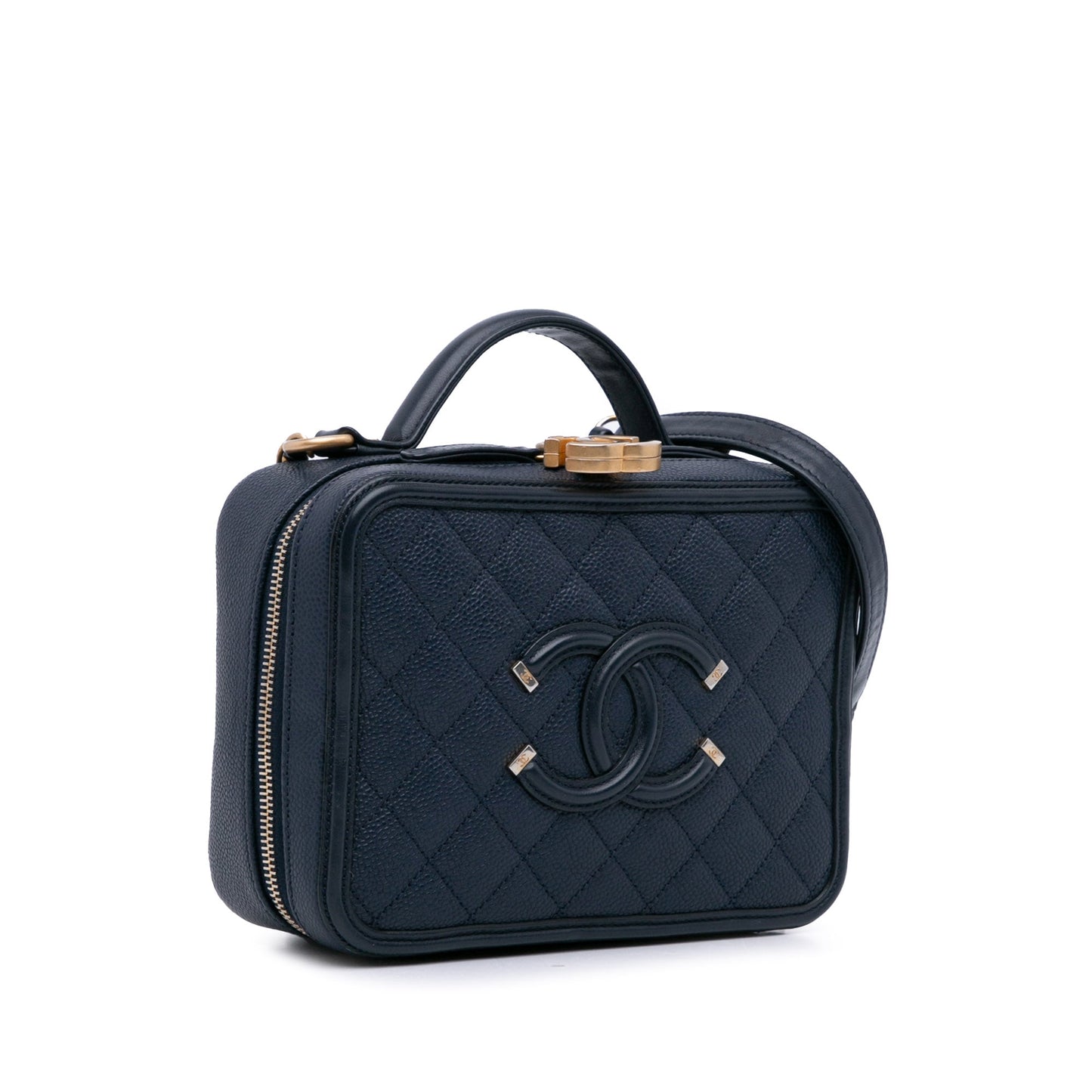 Blue Chanel Small Caviar Filigree Vanity Case Satchel