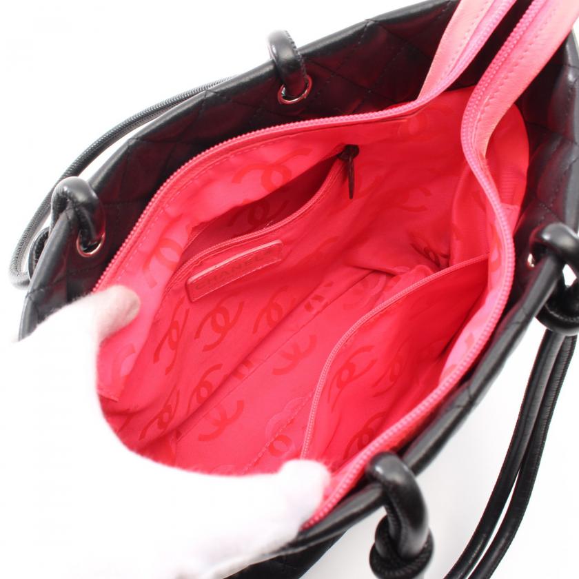 Chanel Cambon Line Medium Handbag Tote Bag Leather Black White Silver Hardware