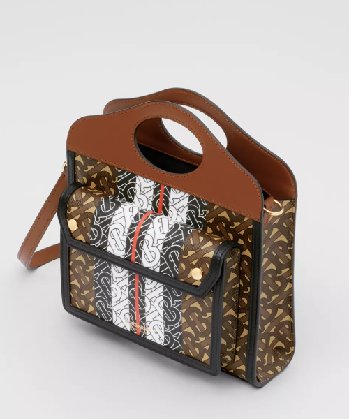 Burberry Mini Monogram Stripe E-Canvas Pocket Bag Bridle Brown