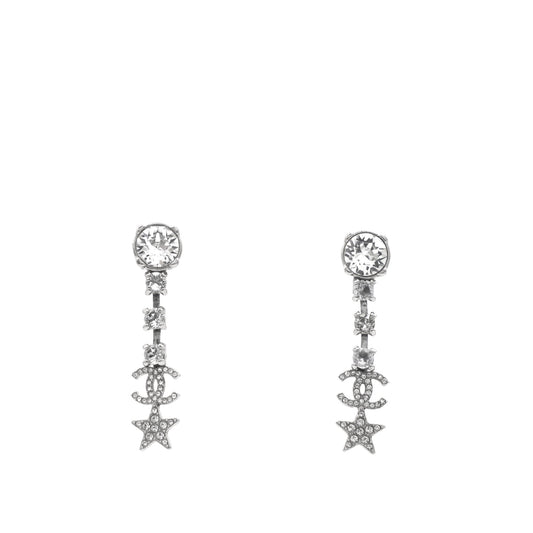 Chanel CC and Stars Silver Tone Drop Earrings